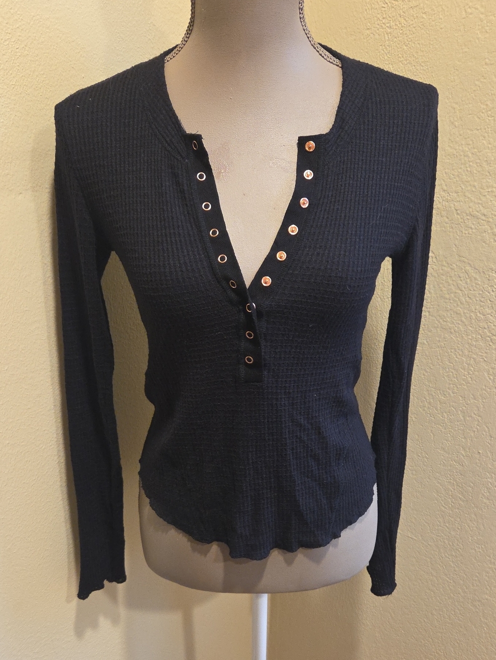 Intimately Free People Black Waffle Knit Long-Sleeve Henley
